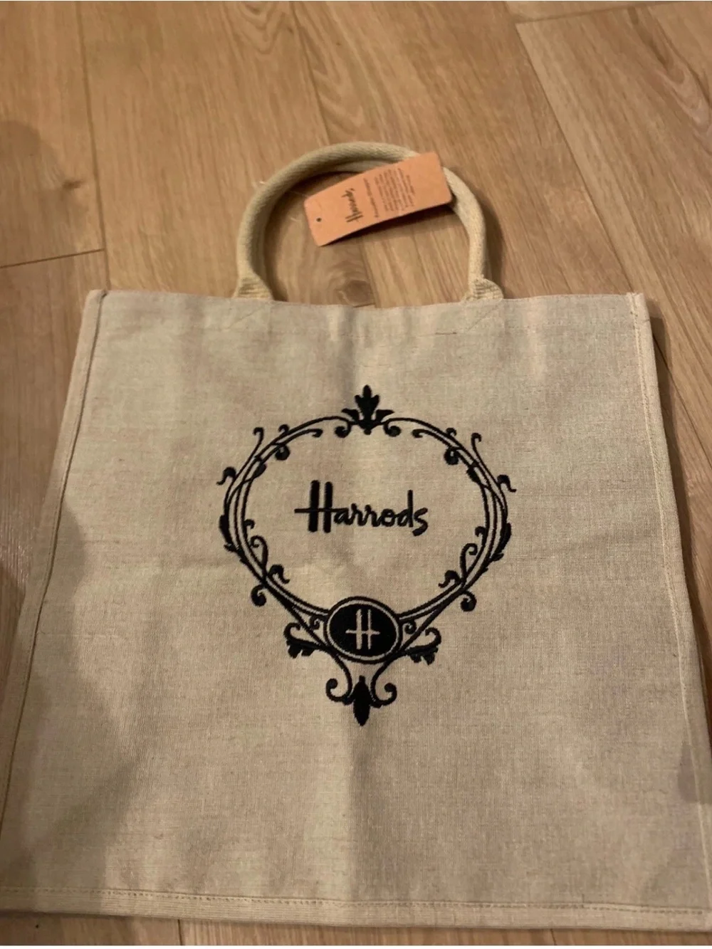 Harrods Natural Canvas Tote with Black Emblem